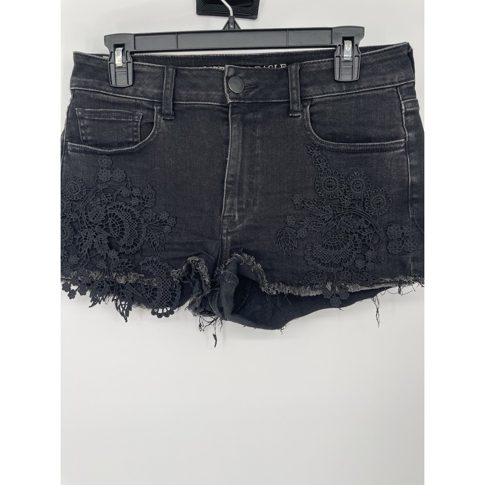 Y2K American Eagle Super Stretch X Black Cutoff Shorts Sz 10 Black Lace Detail